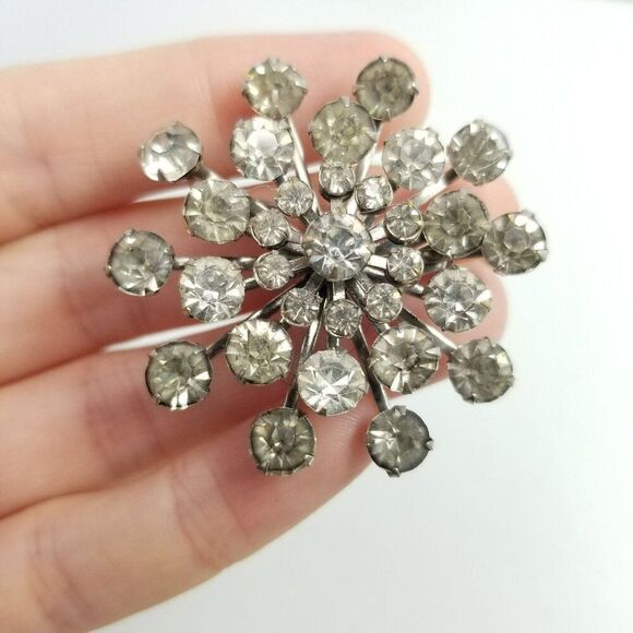 Vintage Coro Silver Tone Rhinestone Starburst Snowflake Brooch Lapel Pin, Signed - Picture 1 of 7